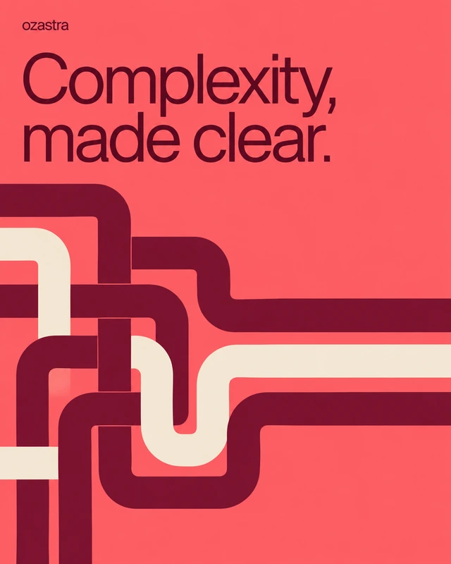 Complexity, made clear. Coral poster with interwoven paths resolving into clear parallel lines.