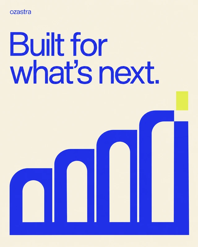 Built for what’s next. Ivory poster with cobalt arches growing from a shared foundation.