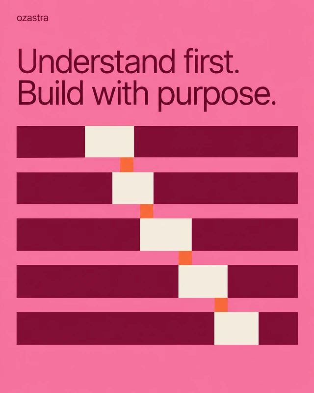 Understand first. Build with purpose. Pink poster with a connected rhythm of burgundy bars and cream steps.