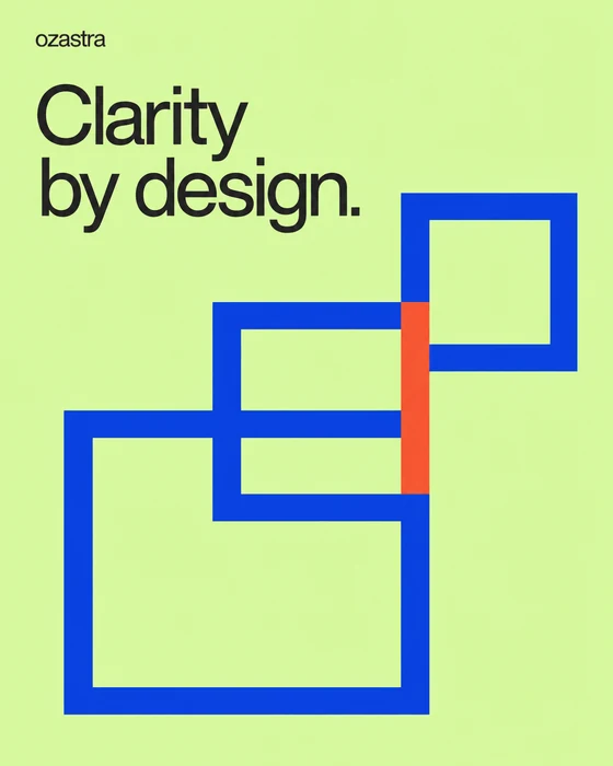 Clarity by design. Lime poster with blue frames aligning into one structure.