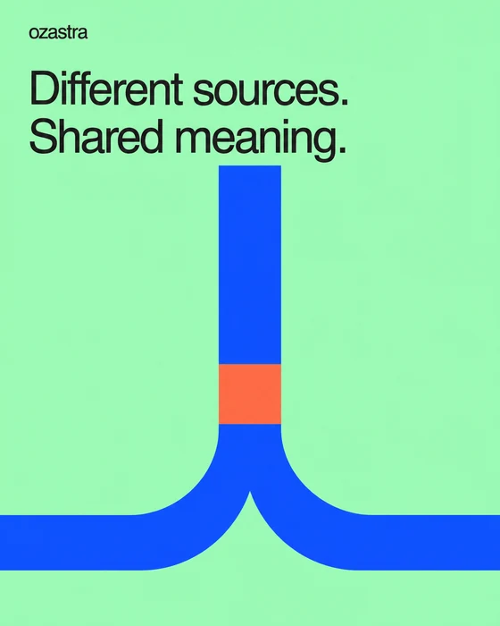 Different sources. Shared meaning. Mint poster where blue streams merge through one orange point.